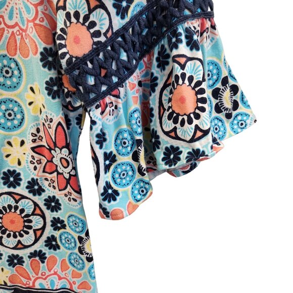 Crown & Ivy Women's M Blue Floral Bell Sleeve Pullover Knit Top - Picture 4 of 8